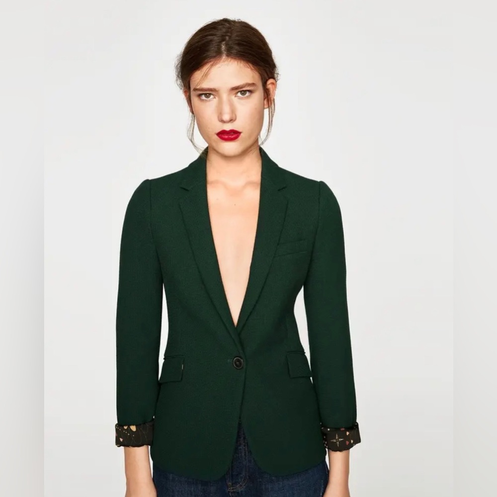 ZARA BLAZER GREEN BOTTLE WAFFLE STRUCTURED LAPEL COLLAR PIQUE COAT JACKET - S